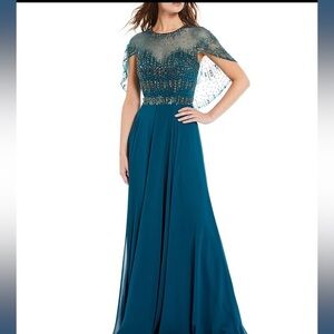Terani Couture Beaded Short Capelet Bodice Illusion Crew Neck Chiffon Gown